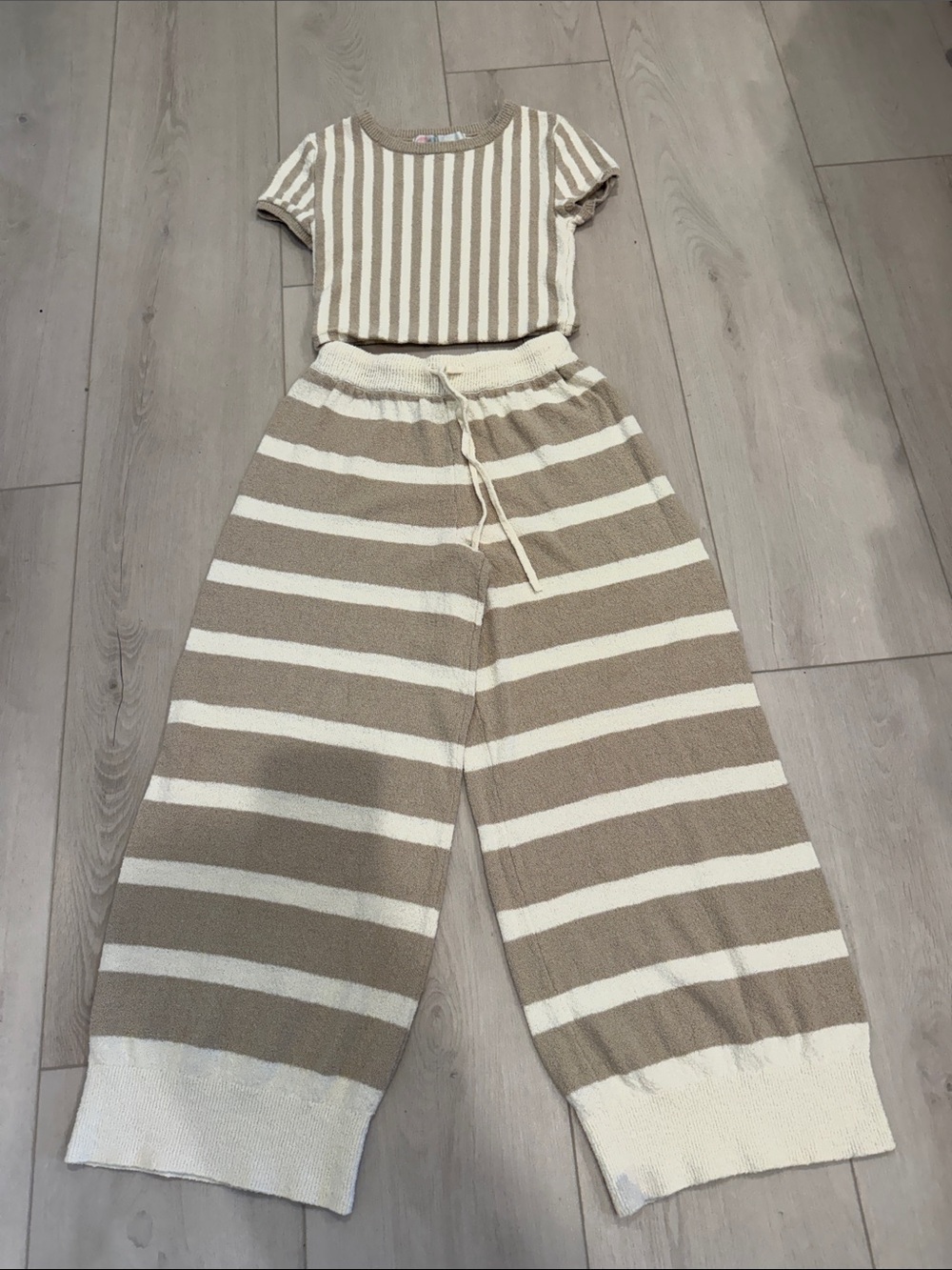 Free People Beige and Cream Striped Knit Crop Top and Wide Leg Pants Set